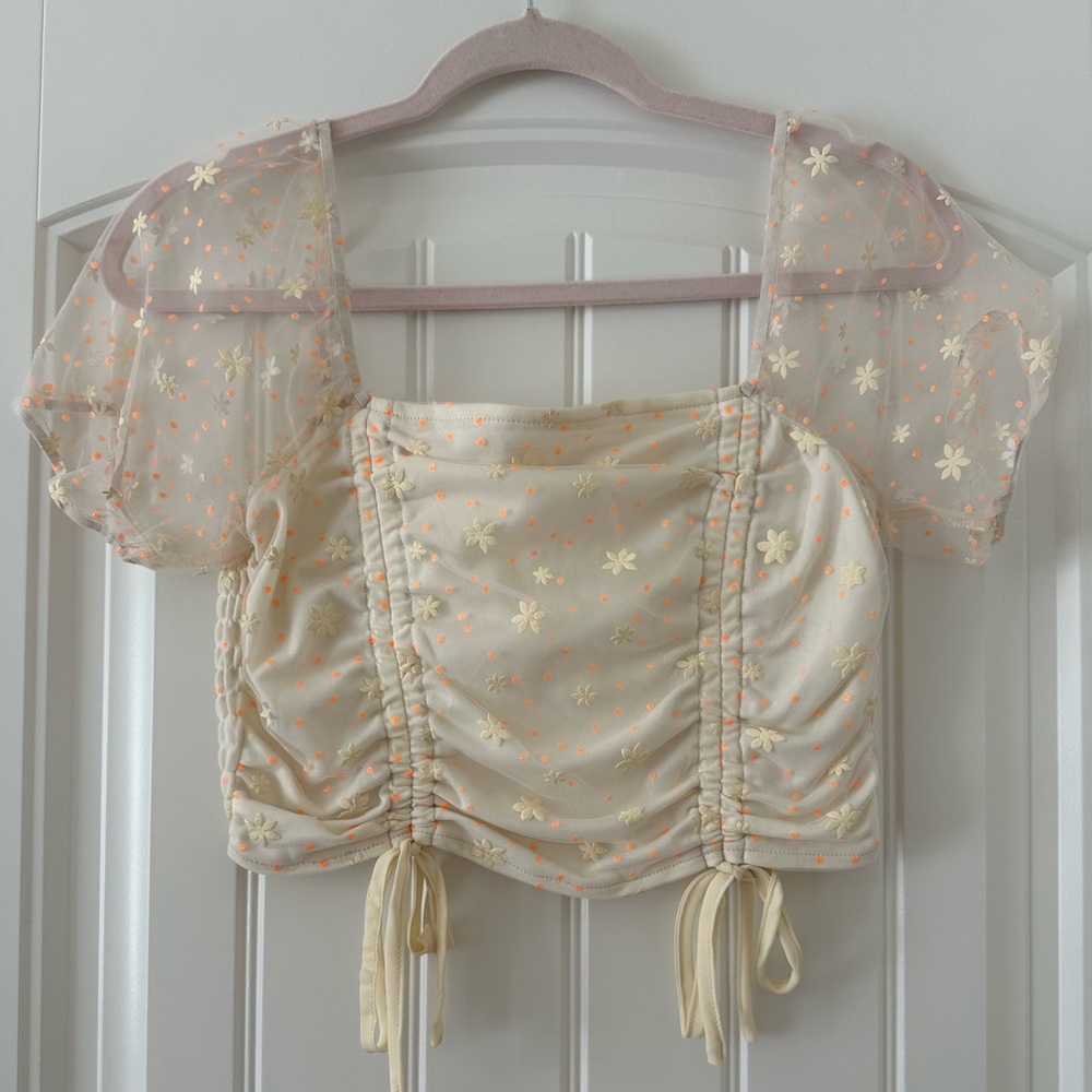 Cream Floral Ruched Crop Top with Puff Sleeves